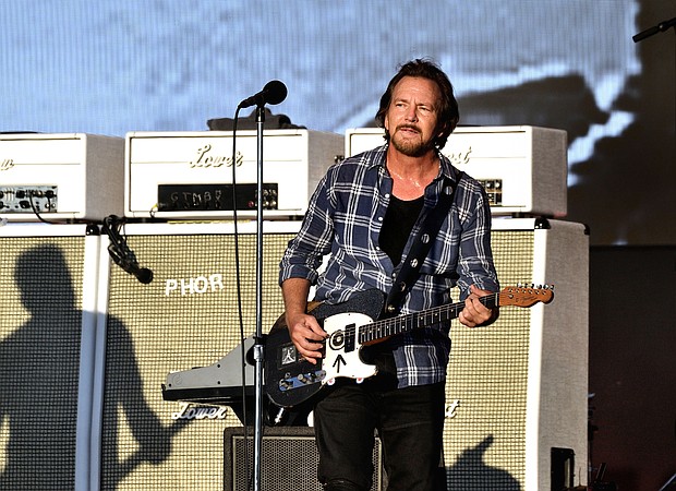 Eddie Vedder of Pearl Jam headlines the Great Oak Stage as American Express present BST Hyde Park at Hyde Park on July 9 in London, England. Extreme heat in Europe has caused Pearl Jam to cancel its concert in Vienna on July 20.
Mandatory Credit:	Gus Stewart/Redferns/Getty Images