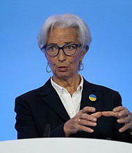 President of European Central Bank Christine Lagarde is seen here in Frankfurt, Germany, on March 10. The European Central Bank on Thursday announced it would hike its key interest rate by a half percentage point.
Mandatory Credit:	Daniel Roland/Pool/Reuters