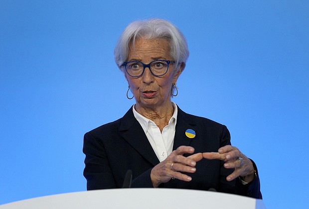 President of European Central Bank Christine Lagarde is seen here in Frankfurt, Germany, on March 10. The European Central Bank on Thursday announced it would hike its key interest rate by a half percentage point.
Mandatory Credit:	Daniel Roland/Pool/Reuters