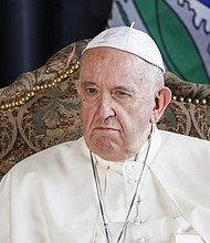 Pope Francis listens to indigenous drummers as he is welcomed to Canada, on July 24, 2022 in Edmonton, Canada.
Mandatory Credit:	Cole Burston/Getty Images