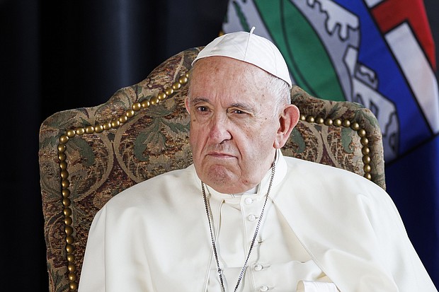 Pope Francis listens to indigenous drummers as he is welcomed to Canada, on July 24, 2022 in Edmonton, Canada.
Mandatory Credit:	Cole Burston/Getty Images