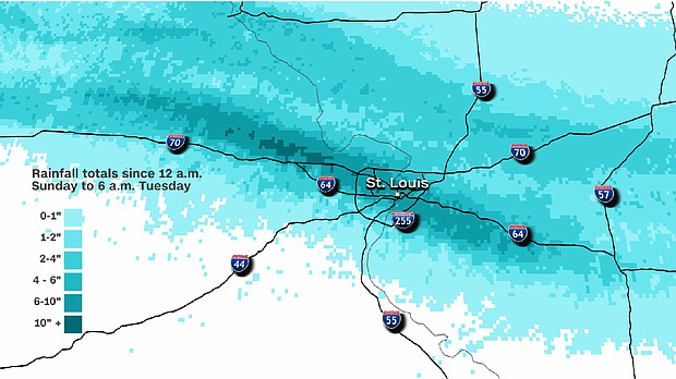 Torrential and record-breaking rainfall caused widespread flash flooding in the St. Louis area Tuesday morning.
Mandatory Credit:	CNN Weather