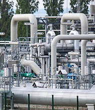 Pipe systems and shut-off devices at the gas receiving station of the Nord Stream 1 Baltic Sea pipeline and the transfer station of the OPAL (Ostsee-Pipeline-Anbindungsleitung - Baltic Sea Pipeline Link) long-distance gas pipeline.
Mandatory Credit:	Stefan Sauer/picture alliance/Getty Images