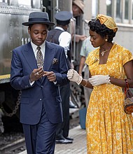 Jalyn Hall as Emmett Till and Danielle Deadwyler as Mamie Till Bradley.
Mandatory Credit:	Lynsey Weatherspoon/Orion Pictures