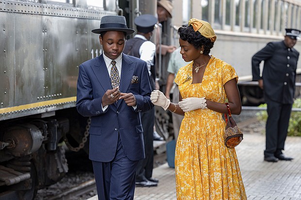 Jalyn Hall as Emmett Till and Danielle Deadwyler as Mamie Till Bradley.
Mandatory Credit:	Lynsey Weatherspoon/Orion Pictures