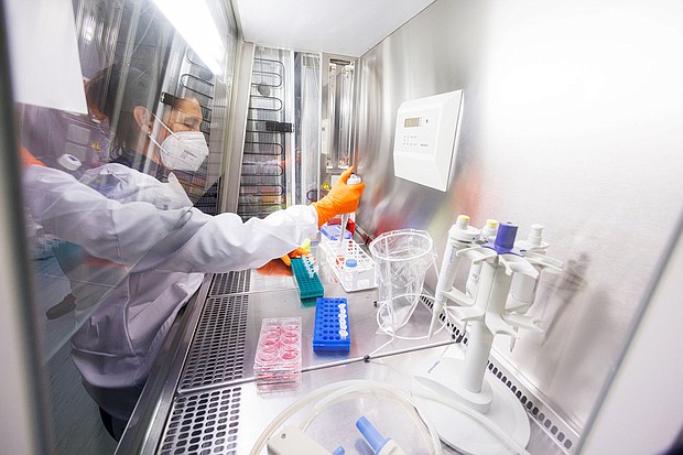 An employee works on a vaccine based on the monkeypox vaccine that has already been developed by the vaccine company Bavarian Nordic at a laboratory of the company in Martinsried near Munich, Germany, May 24, 2022.
Mandatory Credit:	Lukas Barth/Reuters
