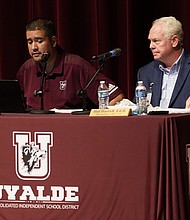 Dr. Hal Harrell, right, and Uvalde Consolidated Independent School District Board Trustee president Luis Fernandez, left, listen to comments from parents and residents during a special meeting to address concerns over last month's shootings at Robb Elementary School, Monday, July 18, 2022, in Uvalde, Texas.
Mandatory Credit:	Eric Gay/AP