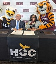 TSU President Lesia L. Crumpton-Young and HCC Chancellor Cesar Maldonado signed a memorandum of understanding, formalizing partnership to make transferring to TSU easier for HCC students