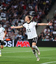 Alexandra Popp's two goals guided Germany through to Sunday's Euro 2022 final.
Mandatory Credit:	Alex Pantling/Getty Images Europe/Getty Images