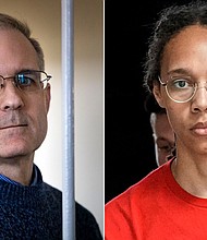 Paul Whelan and Brittney Griner are pictured in a split image. Russian government officials requested that a former colonel from the country's domestic spy agency who was convicted of murder in Germany last year be added to the US' proposed swap of a notorious arms dealer for Brittney Griner and Paul Whelan, multiple sources familiar with the discussions told CNN.
Mandatory Credit:	 AP