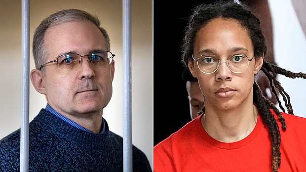 Paul Whelan and Brittney Griner are pictured in a split image. Russian government officials requested that a former colonel from the country's domestic spy agency who was convicted of murder in Germany last year be added to the US' proposed swap of a notorious arms dealer for Brittney Griner and Paul Whelan, multiple sources familiar with the discussions told CNN.
Mandatory Credit:	 AP