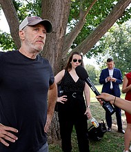 Comedian Jon Stewart voices his anger at Republican senators after they stalled a bill aimed at giving greater healthcare access to military veterans exposed to toxic burn pits, before a news conference with the bill's supporters at the U.S. Capitol in Washington, July 28.
Mandatory Credit:	Jonathan Ernst/Reuters