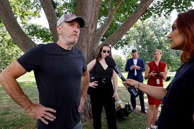 Comedian Jon Stewart voices his anger at Republican senators after they stalled a bill aimed at giving greater healthcare access to military veterans exposed to toxic burn pits, before a news conference with the bill's supporters at the U.S. Capitol in Washington, July 28.
Mandatory Credit:	Jonathan Ernst/Reuters
