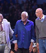 Six-time NBA champion Kareem Abdul-Jabbar, right, has paid tribute to the late Bill Russell, center, his mentor and friend who he said "leaves a giant example for us all."
Mandatory Credit:	Kevork Djansezian/Getty Images North America/Getty Images