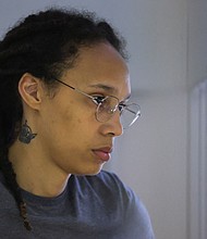 President Joe Biden said the nine-year sentence handed down to WNBA star Brittney Griner by a Russian court for drug smuggling is "unacceptable." Griner is pictured here before the verdict in a court hearing outside Moscow on August 4.
Mandatory Credit:	Evgenia Novozhenina/Pool/Reuters