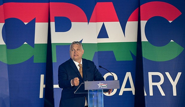 Former President Donald Trump, who is weighing when to announce his expected third run for the Republican presidential nomination, will address CPAC. Hungarian Prime Minister Viktor Orban is seen here in Budapest, Hungary on May 19.
Mandatory Credit:	Attila Kisbenedek/AFP/Getty Images