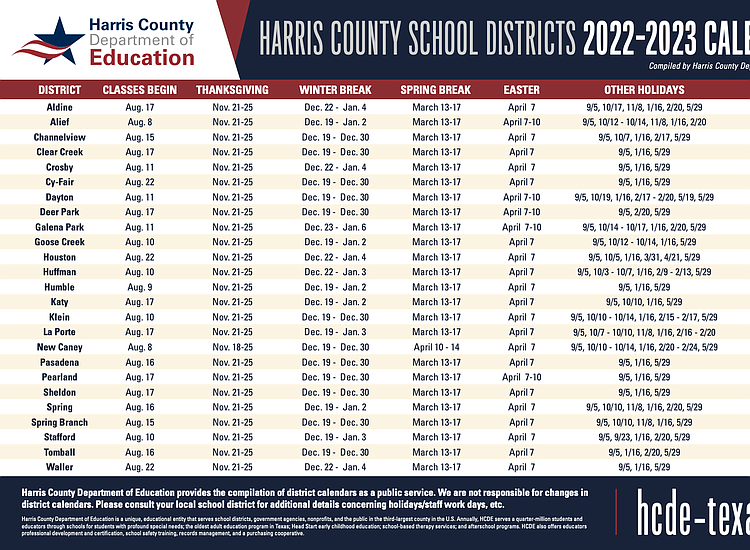 HCDE releases 20222023 comprehensive school calendar for 25 Harris