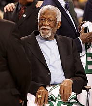 Member of the Boston Celtics; 1966 Championship team Bill Russell is honored at halftime of a game between the Boston Celtics and the Miami Heat at TD Garden on April 13, 2016, in Boston.
