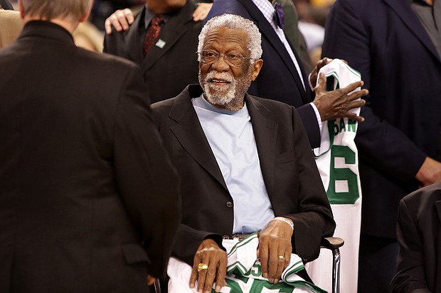 Member of the Boston Celtics; 1966 Championship team Bill Russell is honored at halftime of a game between the Boston Celtics and the Miami Heat at TD Garden on April 13, 2016, in Boston.