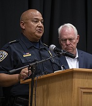 Uvalde police chief Pete Arredondo speaks at a press conference following the shooting at Robb Elementary School in Uvalde, Texas on May 24. The Uvalde Consolidated Independent School District is searching for an interim police chief as Chief Pete Arredondo is on unpaid leave while he awaits a termination hearing.
Mandatory Credit:	Mikala Compton/USA Today Network