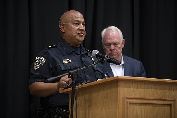 Uvalde police chief Pete Arredondo speaks at a press conference following the shooting at Robb Elementary School in Uvalde, Texas on May 24. The Uvalde Consolidated Independent School District is searching for an interim police chief as Chief Pete Arredondo is on unpaid leave while he awaits a termination hearing.
Mandatory Credit:	Mikala Compton/USA Today Network