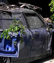 Anne Heche's mini cooper is pictured here following the accident.
Mandatory Credit: KCAL/KCBS