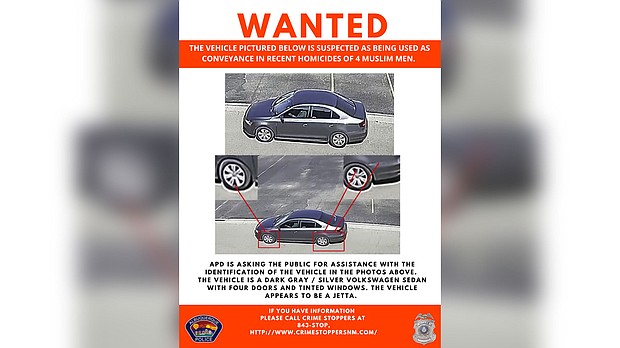 The vehicle of interest in the recent killings of four Muslim men in Albuquerque, New Mexico.
Mandatory Credit: From Albuquerque Police Department/Twitter