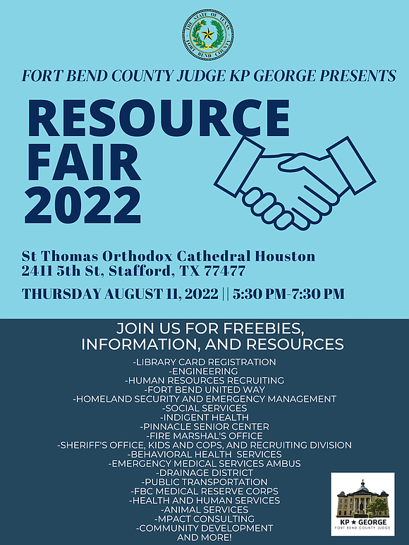 Fort Bend County Judge KP George will host a Free Community Resource Fair on Thursday, August 11, from 5:30 p.m. …