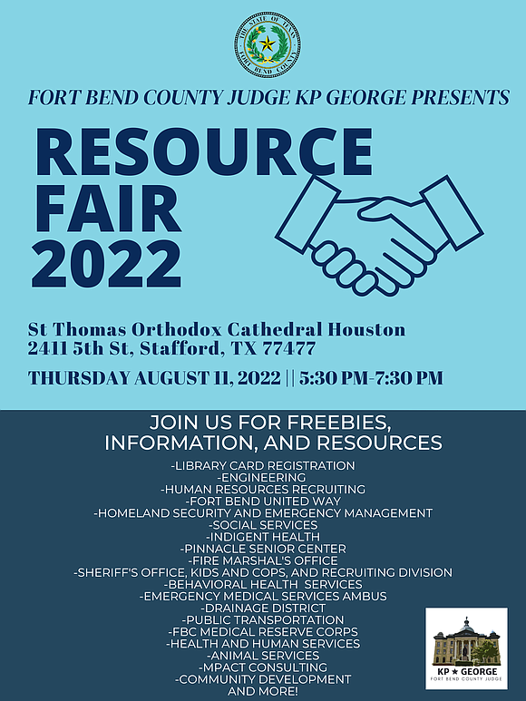 Fort Bend County Judge KP George will host a Free Community Resource Fair on Thursday, August 11, from 5:30 p.m. … Fort Bend County Judge KP George will host a Free Community Resource Fair on Thursday, August 11, from 5:30 p.m. …