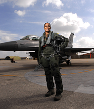 Lt. Col. Shawna Rochelle Kimbrell, 1st Black female fighter pilot for the Air Force.
credit: U.S. Air Force