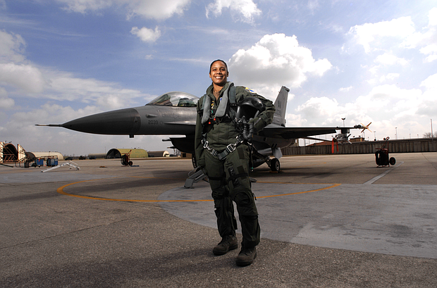 Lt. Col. Shawna Rochelle Kimbrell, 1st Black female fighter pilot for the Air Force.
credit: U.S. Air Force