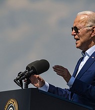 US President Joe Biden is pictured speaking at the Brayton Point Power Station in Somerset, Massachuset on July 20. Biden is scheduled to sign two long-sought pieces of legislation into law this week, with August 9 marking the start of a rare opportunity for the President to celebrate a string of bipartisan wins in Washington ahead of his scheduled summer vacation.
Mandatory Credit:	Joseph Prezioso/Anadolu Agency/Getty Images