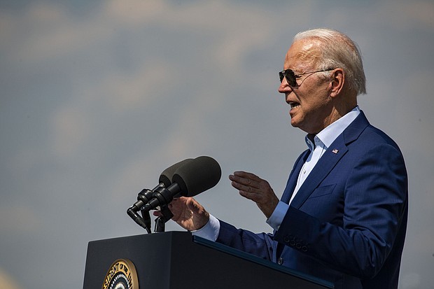 US President Joe Biden is pictured speaking at the Brayton Point Power Station in Somerset, Massachuset on July 20. Biden is scheduled to sign two long-sought pieces of legislation into law this week, with August 9 marking the start of a rare opportunity for the President to celebrate a string of bipartisan wins in Washington ahead of his scheduled summer vacation.
Mandatory Credit:	Joseph Prezioso/Anadolu Agency/Getty Images
