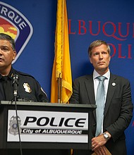 Albuquerque Police Chief Harold Medina (left) was joined by Mayor Tim Keller and Gov. Michelle Lujan Grisham in announcing the suspect's arrest in a news conference on August 9.
Mandatory Credit:	Adolphe Pierre-Louis/Albuquerque Journal/ZUMA