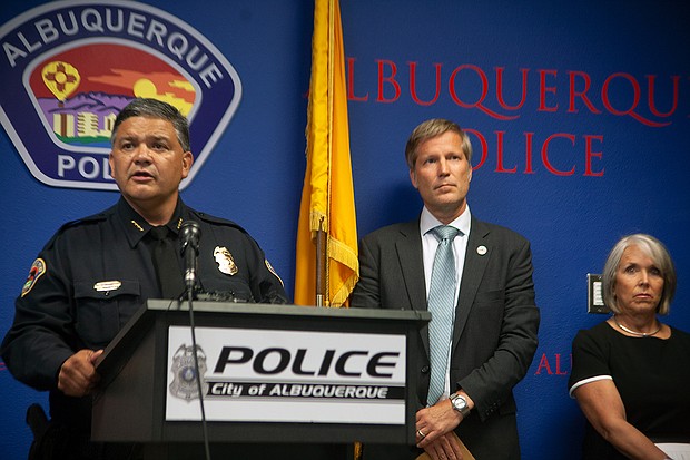 Albuquerque Police Chief Harold Medina (left) was joined by Mayor Tim Keller and Gov. Michelle Lujan Grisham in announcing the suspect's arrest in a news conference on August 9.
Mandatory Credit: Adolphe Pierre-Louis/Albuquerque Journal/ZUMA