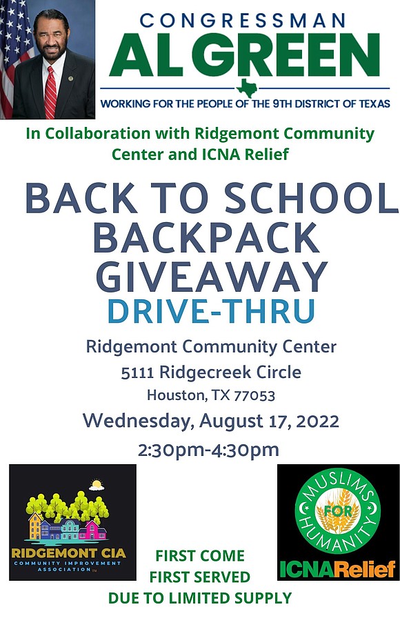 On Wednesday, August 17, 2022, Congressman Al Green will host a back-to-school backpack giveaway. He is honored to be partnering …