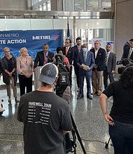 METRO Board Chair Sanjay Ramabhadran, joined by fellow Board Members Lex Frieden, Diann Lewter, Troi Taylor, and agency leaders, celebrate the FTA's award of $21.6 million to the Authority with local, state, and federal officials.