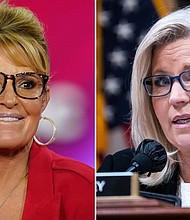 Rep. Liz Cheney of Wyoming, right, and former Alaska Gov. Sarah Palin are pictured here in a split image.
Mandatory Credit: Associated Press/Getty Images