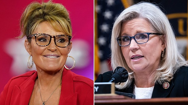 Rep. Liz Cheney of Wyoming, right, and former Alaska Gov. Sarah Palin are pictured here in a split image.
Mandatory Credit:	Associated Press/Getty Images
