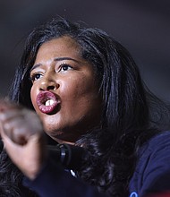 Kristina Karamo, who is running for the Michigan Republican party's nomination for secretary of state, speaks at a rally hosted by former President Donald Trump on April 2 near Washington, Michigan.
Mandatory Credit:	Scott Olson/Getty Images