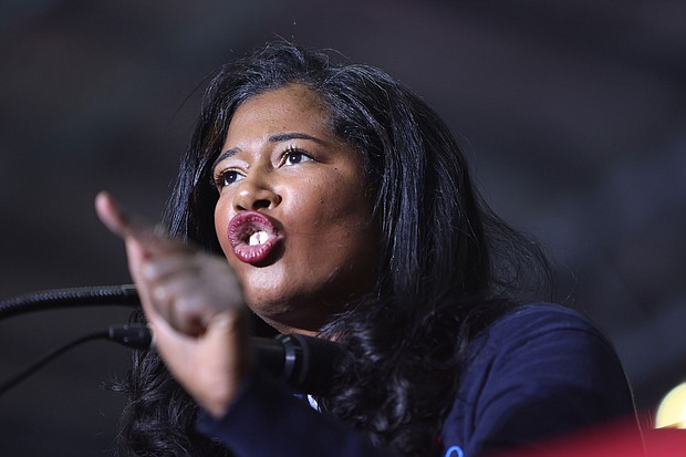 Kristina Karamo, who is running for the Michigan Republican party's nomination for secretary of state, speaks at a rally hosted by former President Donald Trump on April 2 near Washington, Michigan.
Mandatory Credit:	Scott Olson/Getty Images