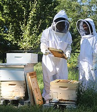 Nikiya Ellis, left, cofounder of City Bees RVA, explains the process of beekeeping to Treasure Daily, 12, of Richmond on Aug. 13 at Sankofa Community Orchard on Richmond’s Southside. The youngster experienced what it is like to be surrounded by 20,000 bees while helping to treat the hives for mites. “If you get nervous, don’t swat, just step away and take a deep breath,” Ms. Ellis advised the youngster.