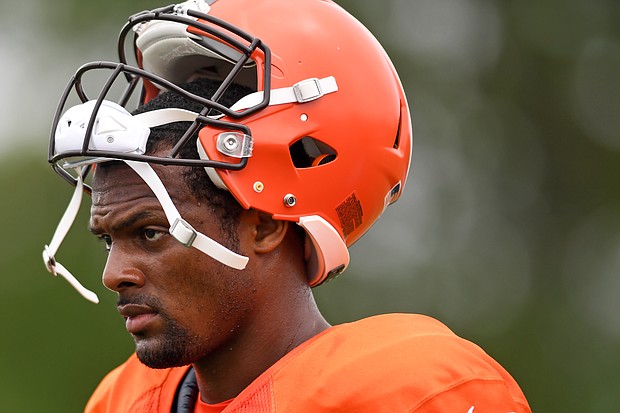 On August 10, the Cleveland Browns announced Deshaun Watson would be starting their preseason opener, despite facing a suspension for sexual misconduct allegations. Watson looks on during pre-season training.
Mandatory Credit:	Nick Cammett/Getty Images