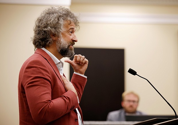 David Clements speaks to the Surry County board of commissioners during a presentation by several individuals that aimed to cast doubt on election integrity in Dobson, North Carolina, on May 16.
Mandatory Credit:	Jonathan Drake/Reuters