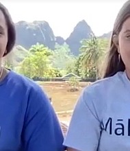 Kauai, Hawaii 8th graders Welina Dudoit Wong and Bea Kaaumoana, confront Vice President Kamala Harris over Red Hill.
Mandatory Credit:	KITV