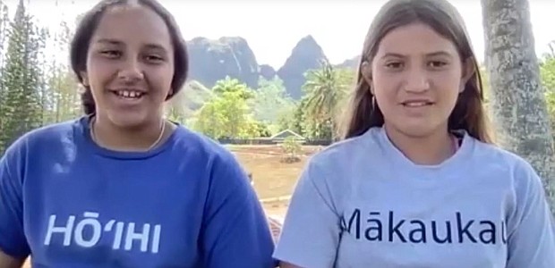 Kauai, Hawaii 8th graders Welina Dudoit Wong and Bea Kaaumoana, confront Vice President Kamala Harris over Red Hill.
Mandatory Credit:	KITV