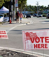Voting signs are seen displayed on August 23, prior to the primary election in Florida.
Mandatory Credit:	Michele Eve Sandberg/Sipa USA/AP