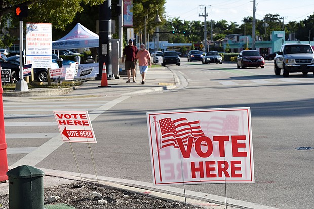 Voting signs are seen displayed on August 23, prior to the primary election in Florida.
Mandatory Credit:	Michele Eve Sandberg/Sipa USA/AP