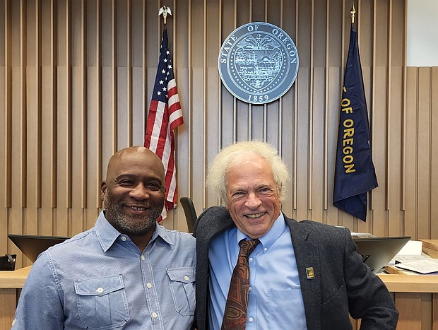 Michael Mangum, left, seen here with his attorney Greg Kafoury, was awarded $400,000 in non-economic damages and $4 million in punitive damages, according to a news release issued by his attorney on August 21.
Mandatory Credit:	Courtesy Michael Mangum