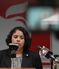 Columbus City School Board President Jennifer Adair held a news conference.
Mandatory Credit:	Doral Chenoweth/The Columbus Dispatch/USA Today Network